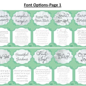 Puede incluir: Una p&aacute;gina que muestra varias opciones de fuentes para proyectos de dise&ntilde;o. Cada fuente se muestra dentro de un marco decorativo, con ejemplos del alfabeto y los n&uacute;meros. Las fuentes incluyen estilos como "Amour Forever", "Angela Script" y "Baby Girl", que ofrecen una variedad de opciones creativas.