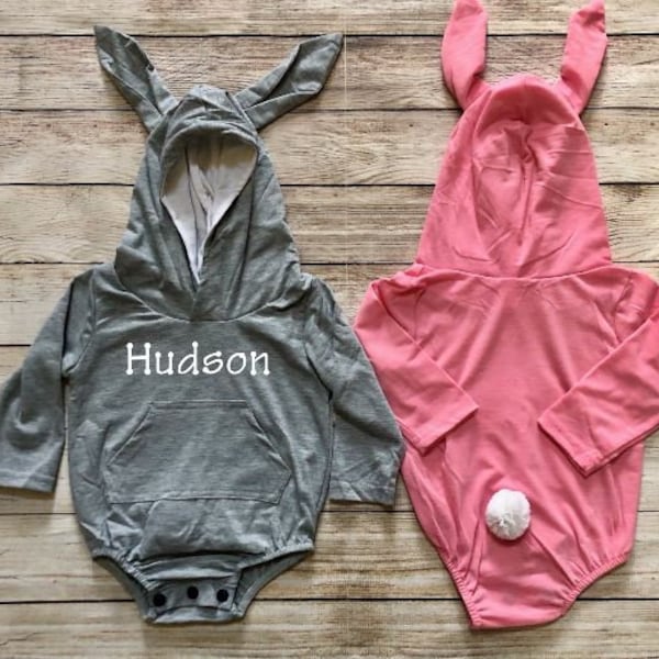 Personalized Baby Easter Bunny Tail Bodysuit Romper, Custom My First Easter Hooded Outfit with Ears, Monogrammed Pink or Gray Rabbit Outfit