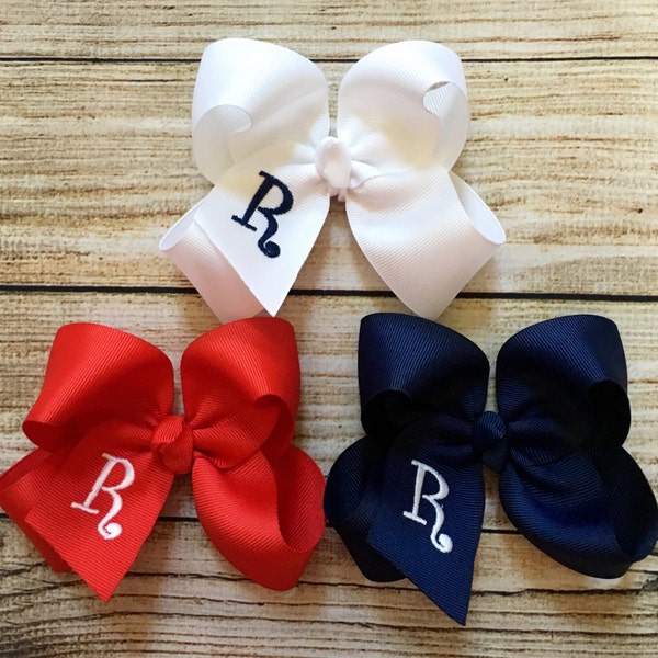 Set of 3 or 5 Medium Monogrammed Hair Bows…Personalized 4 inch Boutique Bow with Embroidered Initial…You Choose Colors!!