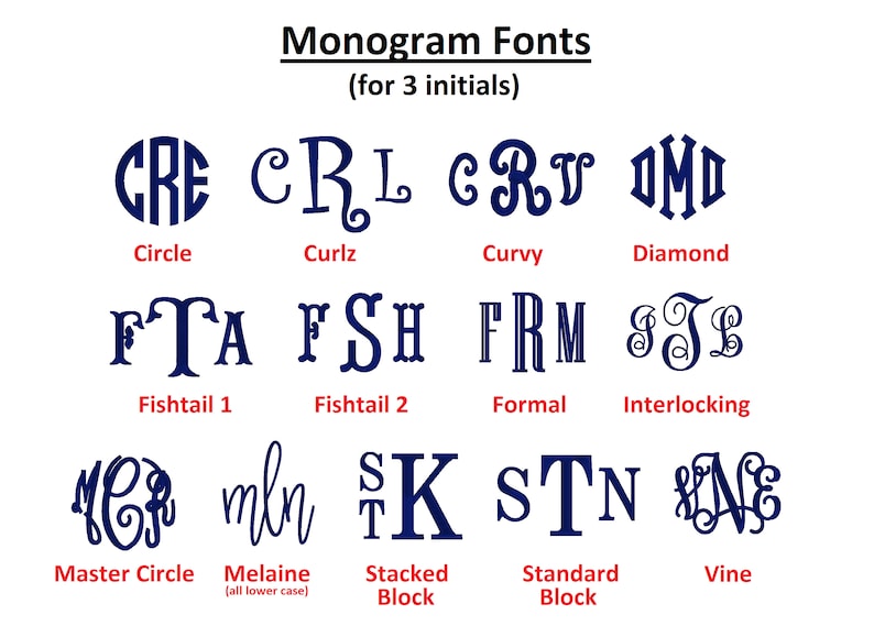 Pu&ograve; includere: Un grafico che mostra diversi stili di font per monogrammi a tre iniziali. Gli stili includono Cerchio, Curlz, Curvy, Diamante, Fishtail 1, Fishtail 2, Formale, Intrecciato, Cerchio maestro, Melaine, Blocco impilato, Blocco standard e Vite.