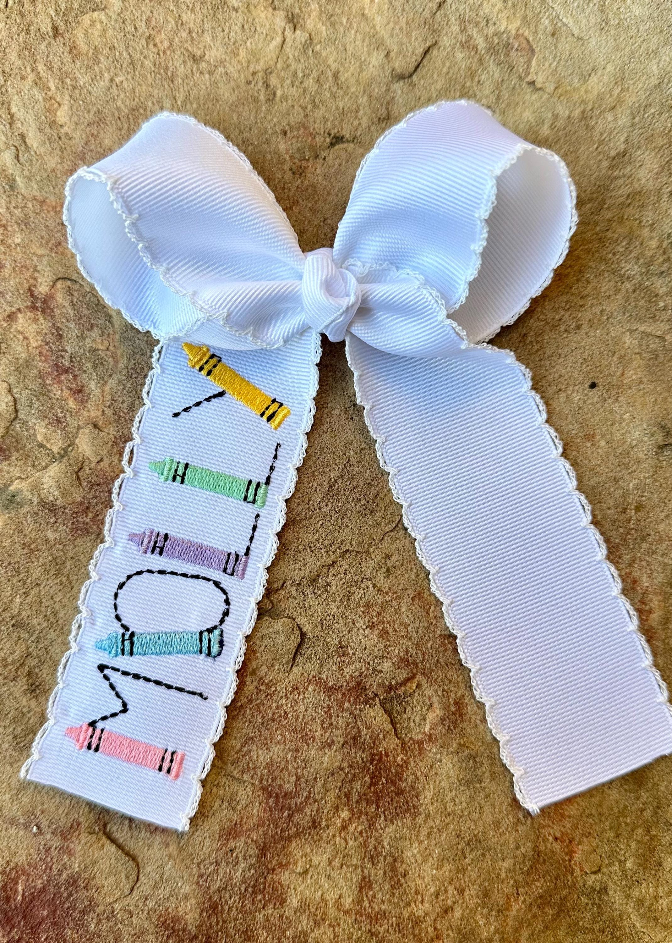 Personalized Monogrammed Moonstitch Hair Bow with Embroidered Crayon Name Hairbow, Custom Back to School Hairbows Moon Stitch