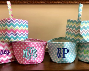 Personalized Easter Basket Tote, Kids Chevron Bucket with Name or Monogram, Polka Dot Monogrammed Easter Egg Bunny Bag, Boy & Girl