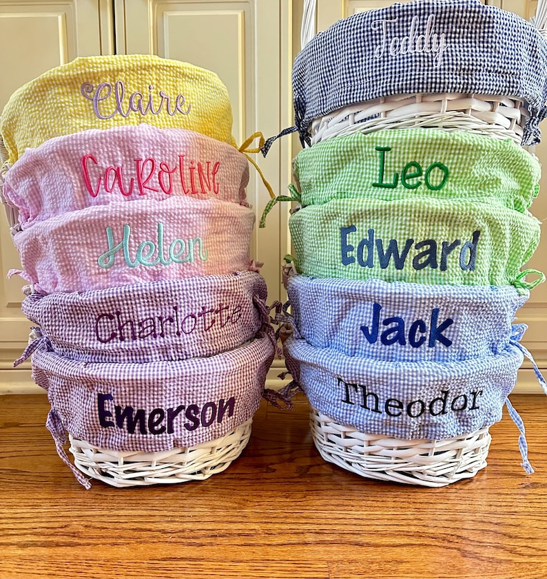 RESTOCKED Personalized Easter Basket Liner ONLY, Kids Seersucker Fabric w/ Name or Monogram, Monogrammed Bunny Tote, Boy & Girl Liners immagine 1