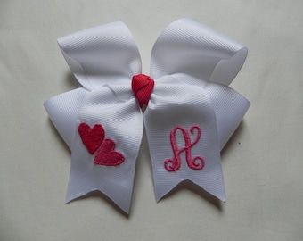Valentine's Hair Bow, Personalized Monogram Hair Bow, Embroidered Heart Bow, Custom Girls Hair Clip, Valentine's Day Gift