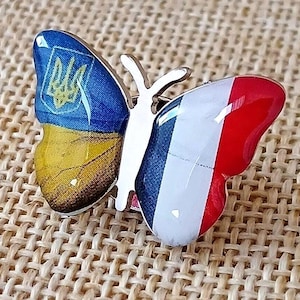 1pc. Butterfly Flag of Ukraine and France Badge Ukrainian & French flag Lapel Pin Metal Silver Color badge Ukrainian Gift Ukraine souvenir