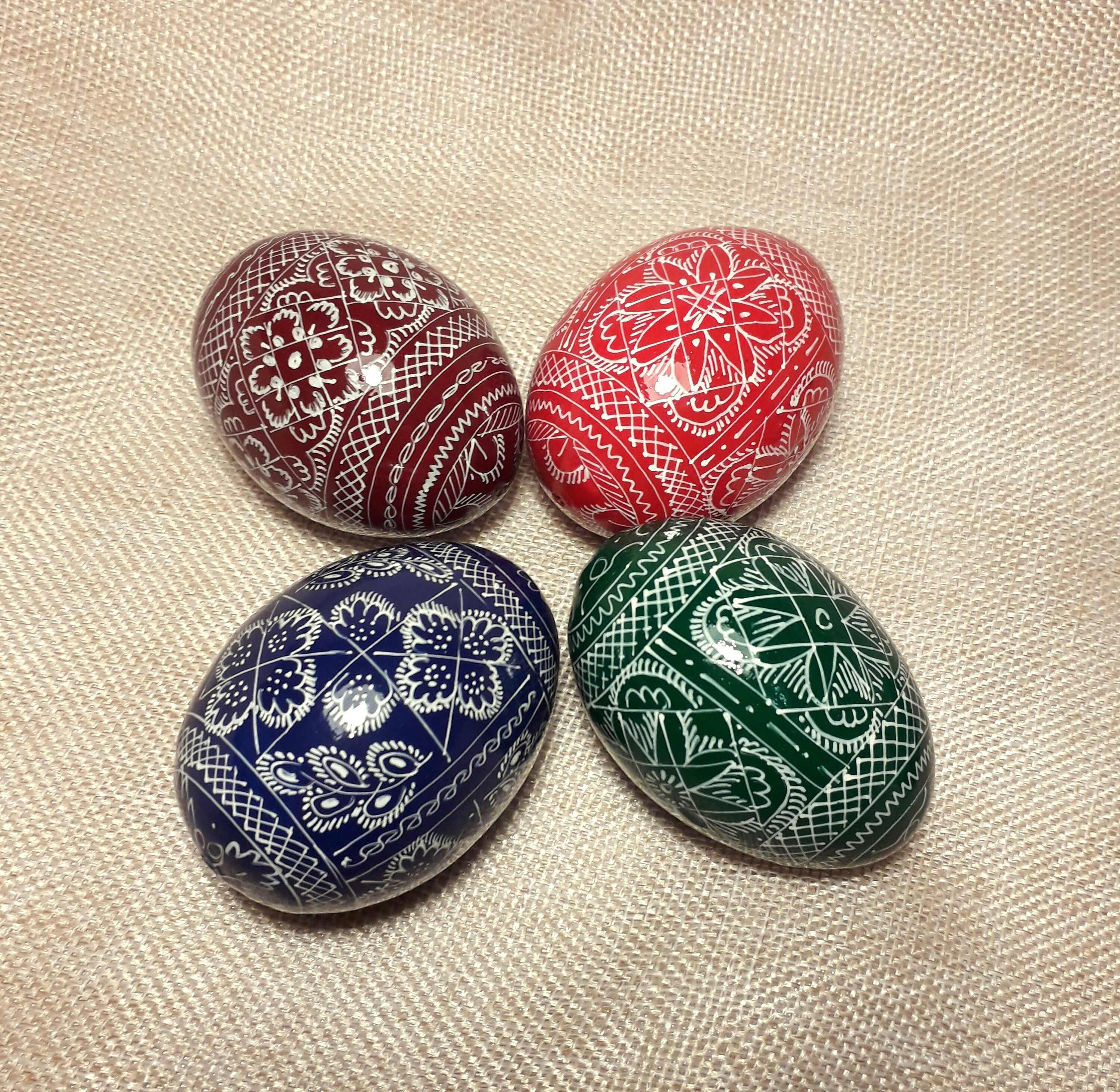 Ukrainian Hand-Painted Wooden Easter Eggs - Set Of 4 Pysanky In Beautiful Tapestry Pouch