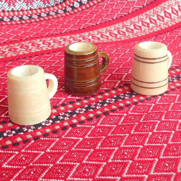 Set of 3 Miniature Wooden Beer Mug 1" Small beer cup PAIL Miniature HOME dekor Souvenir  Bierkrug Tasse de bière öl mugg Jarro de cerveza