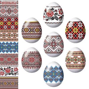 Puede incluir: Huevos de Pascua blancos con intrincados diseños de arte popular colorido. Los huevos presentan patrones en rojo, negro, amarillo y azul, con motivos florales y geométricos. Un panel vertical a la izquierda muestra patrones de bordado similares. Se ve la palabra "Vyshyvanka".