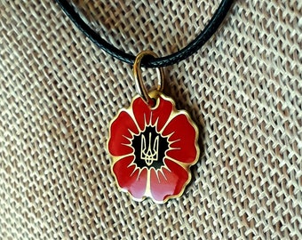 Pendant Red poppy with Ukrainian Trident Ukrainian Tryzub Ukraine Metal