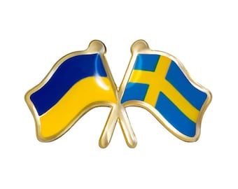 May include: Two crossed flags, one yellow and blue, the other blue and yellow with a yellow cross. The flags are on a gold background.