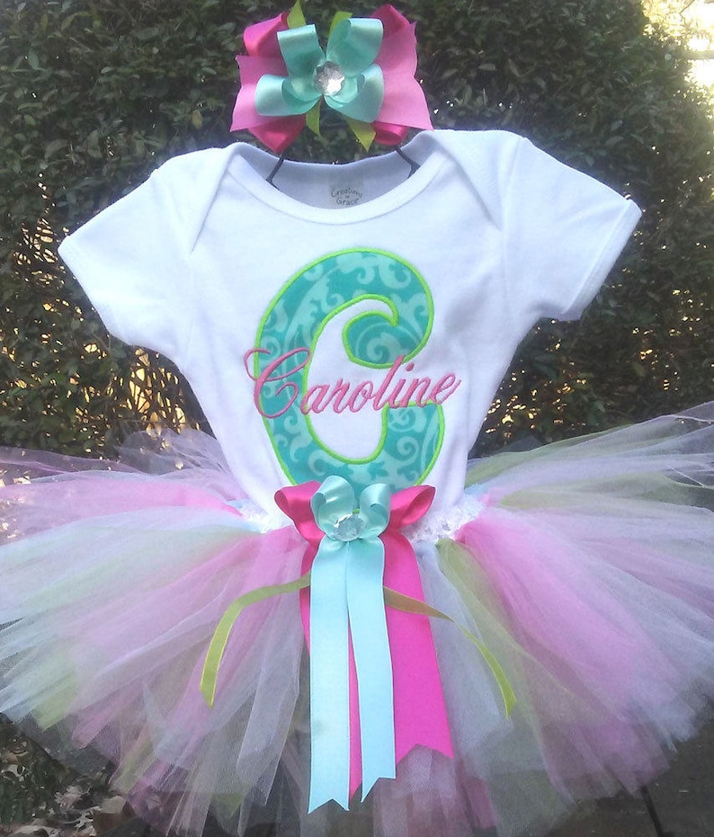 Turquoise Pink Green Initial Outfit Onesie Tutu FREE Hair Bow Personalized