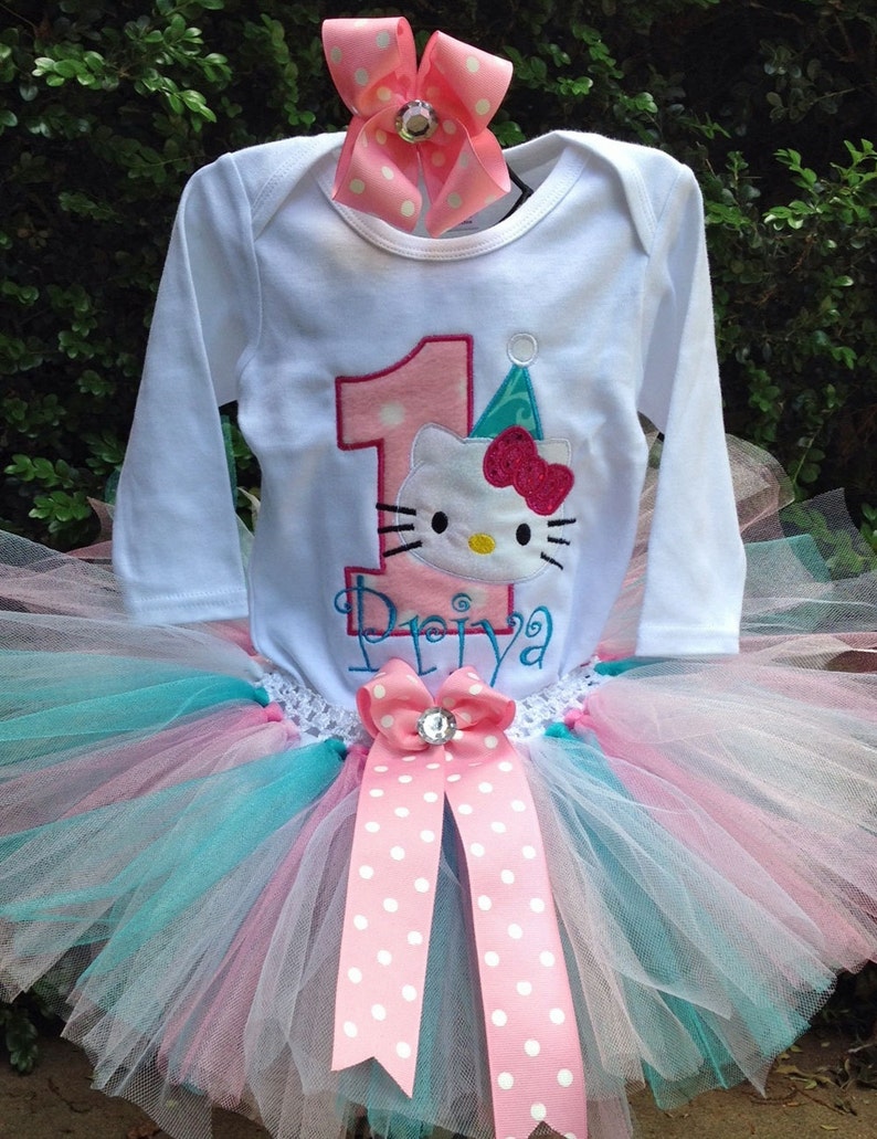 Hello Kitty Pink Turquoise 1st Birthday Outfit Onesie Tutu FREE Hair Bow Personalized Hello Kitty Baby Toddler Girls Tutu Birthday Outfit