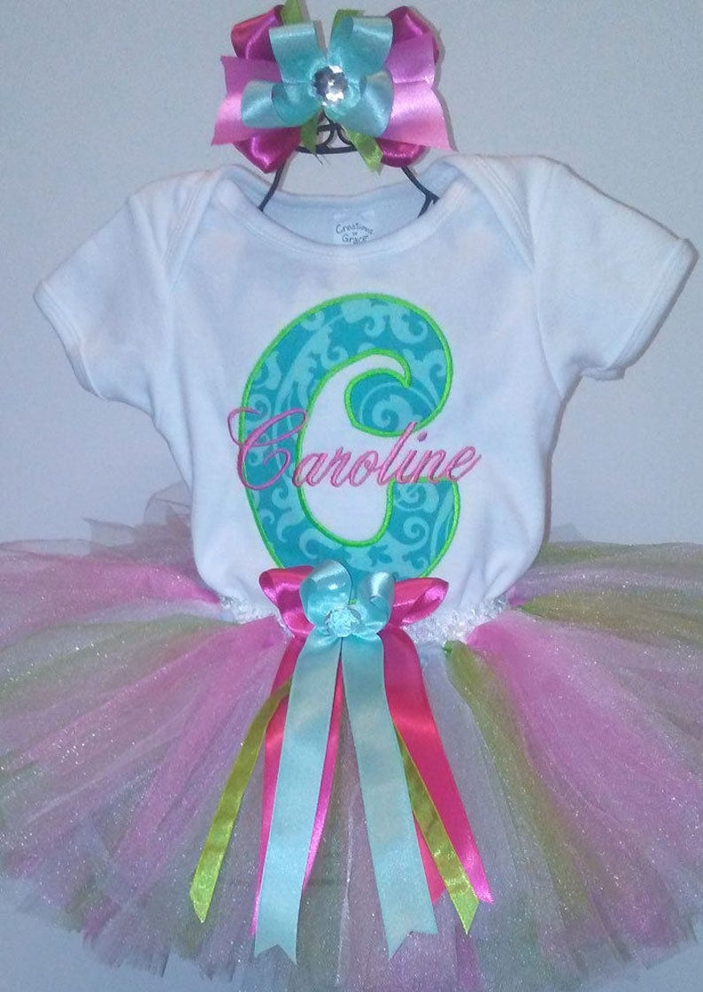 Turquoise Pink Green Initial Outfit Onesie Tutu FREE Hair Bow Personalized