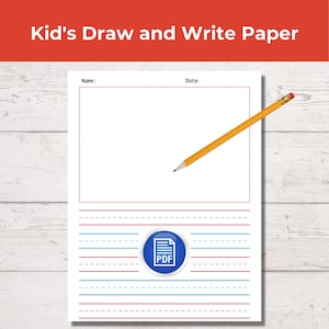 Teken en schrijf papier voor kinderen, gelinieerd handschriftpapier, Teken nu papier, Homeschool schrijfhulpmiddel, Afdrukbaar gelinieerd papier, School pdf