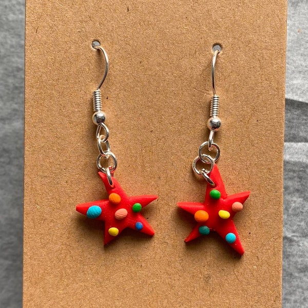 Handmade 'Fun Stars' Dangly Drop Earrings (Red, Colourful, Tactile, Starfish, Dainty, Small, Unusual, Quirky, Odd, Funky, Groovy, Unique)