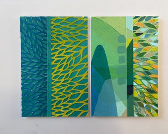 Original Collage Cards, Green Hues #2, Set of 5, Handmade, Blank Inside