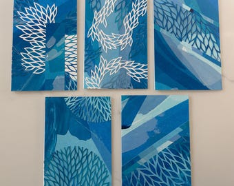 Original Collage Cards, Blue Hues #2, Set of 5, Handmade, Blank Inside