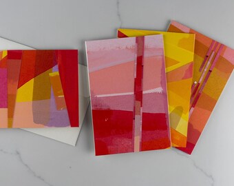 Original Collage Cards, Warm Hues, Set of 4, Handmade, Blank Inside