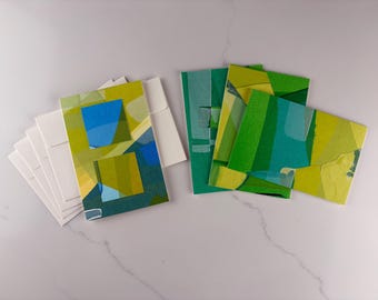 Original Collage Cards, Green Hues, Set of 4, Handmade, Blank Inside
