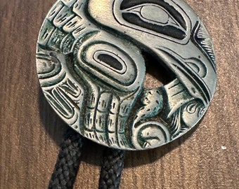 Vintage Frederick Pewter Canada Bird Totem Bolo Tie