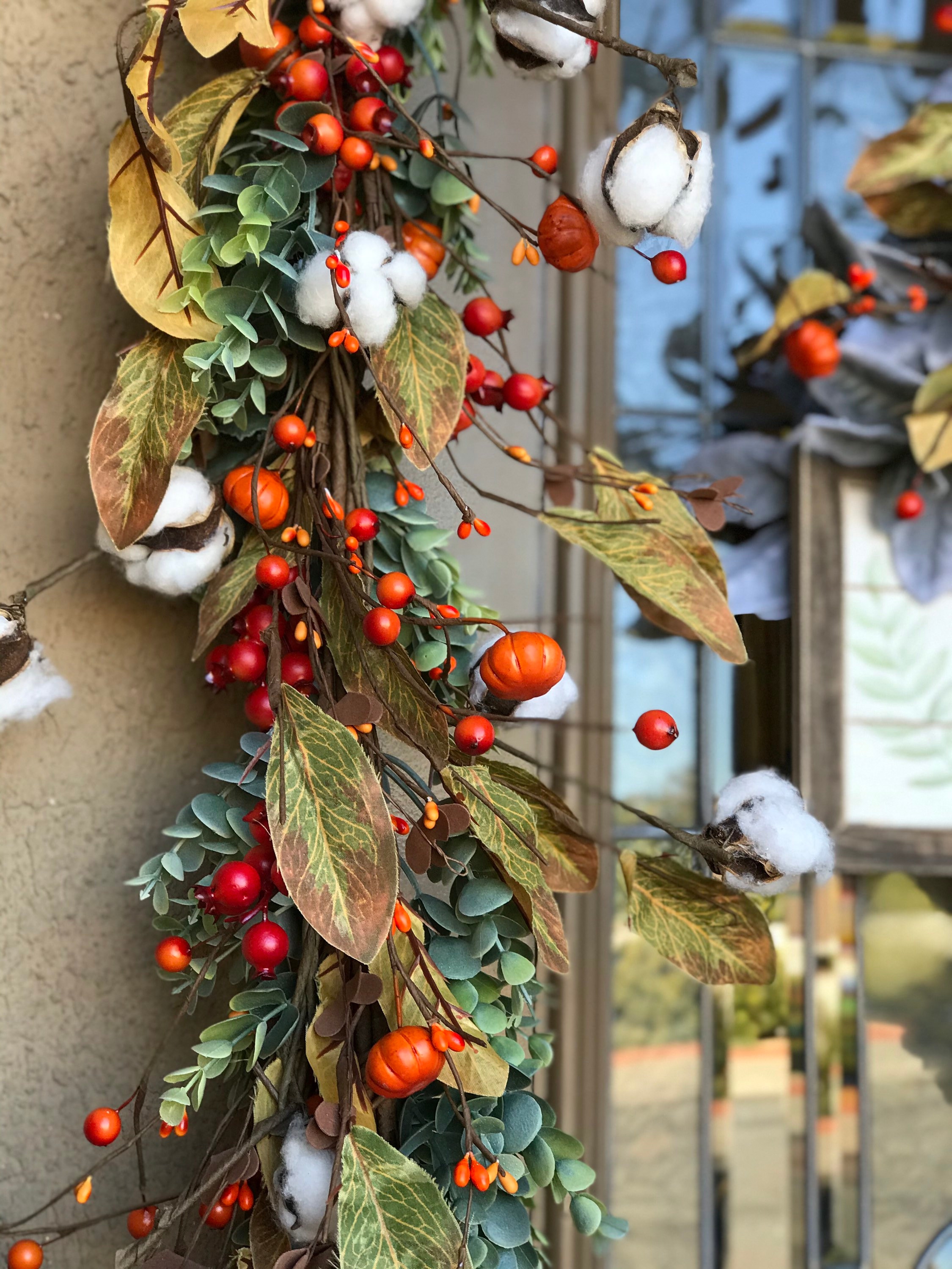 Fall Farmhouse Door Garland and Wreath, Fall Cotton Boll Wreath Set