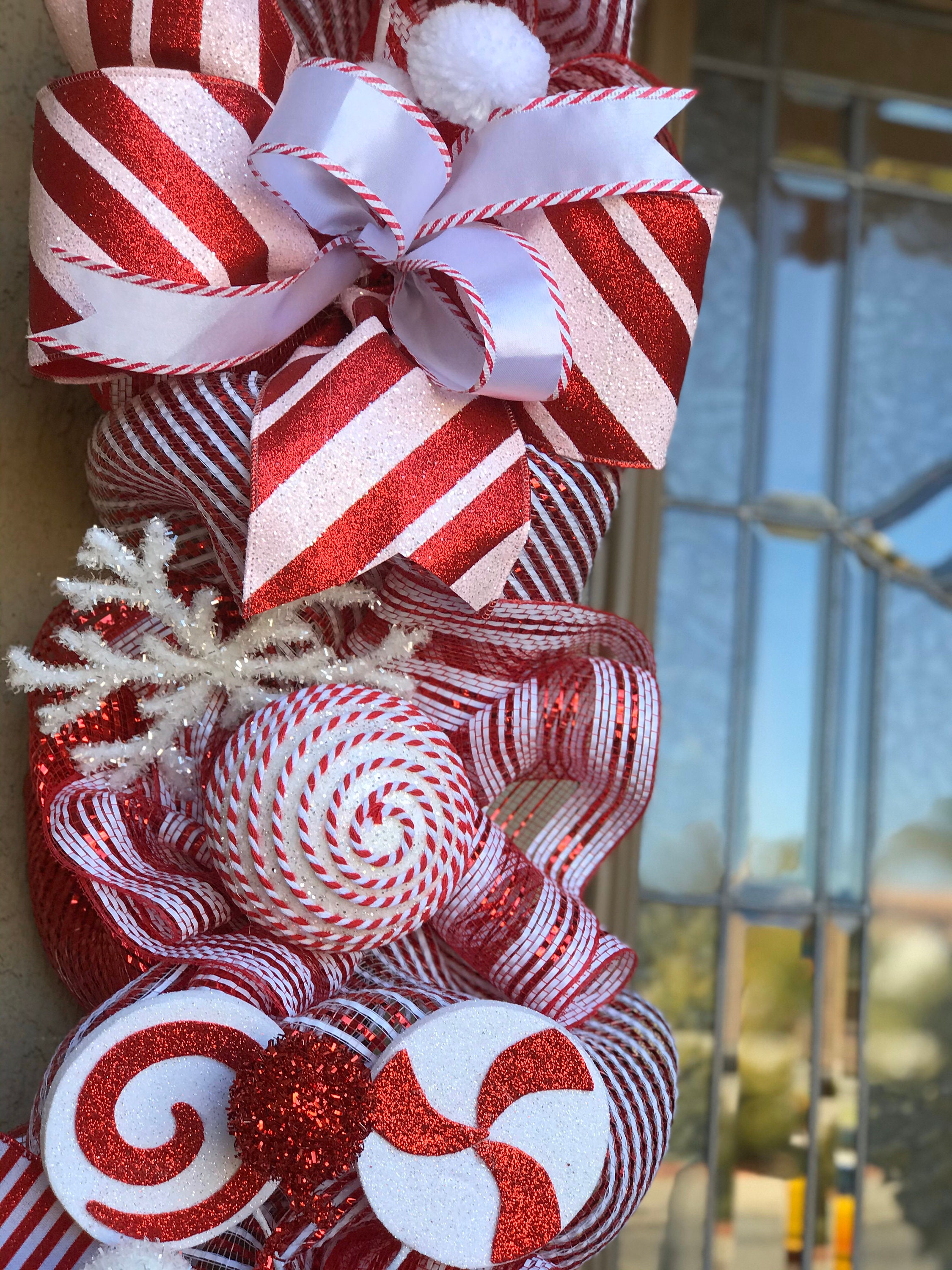 Outdoor Christmas Garland with Lights, Red and White Christmas Door ...