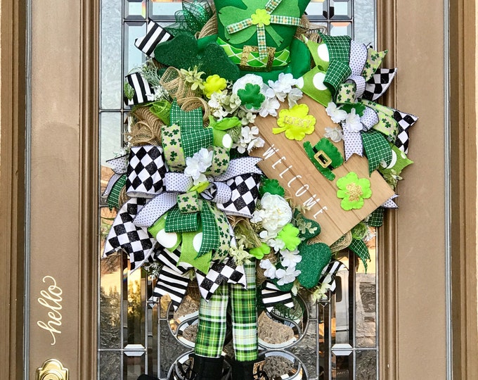 Featured listing image: St Patrick’s Day Wreath, Shamrock Leprechaun Wreath, St Patty’s Day Decor, Irish Wreath