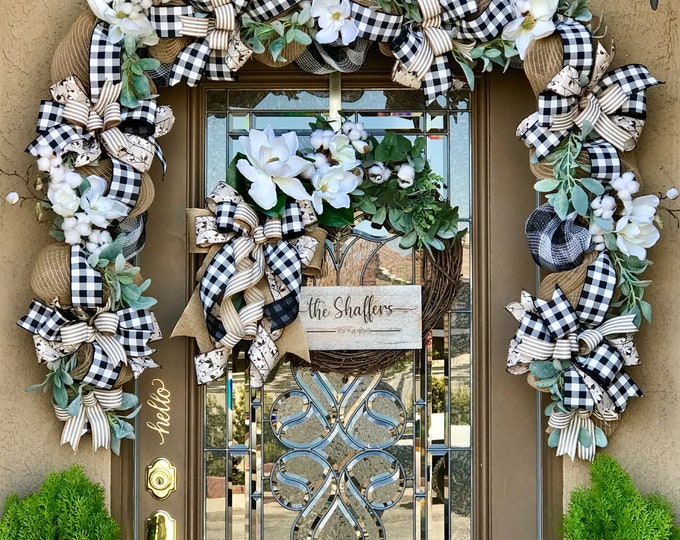 Featured listing image: Buffalo Check Garland and Wreath, Everyday Front Door Garland and Wreath Set, Monogram Wreath, Farmhouse Front Door Swag