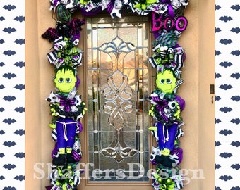 Handmade Frankenstein Halloween Door Garland, Outdoor Decor, Green Purple Black White, Kid Friendly Halloween