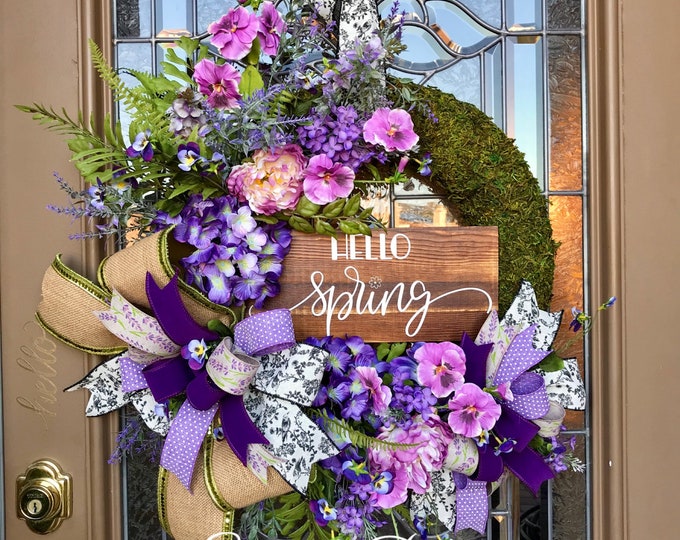 Featured listing image: Spring Wreath, Lavender Moss Wreath, Everyday Spring Moss Wreath, Spring Decor, Everyday Wreath