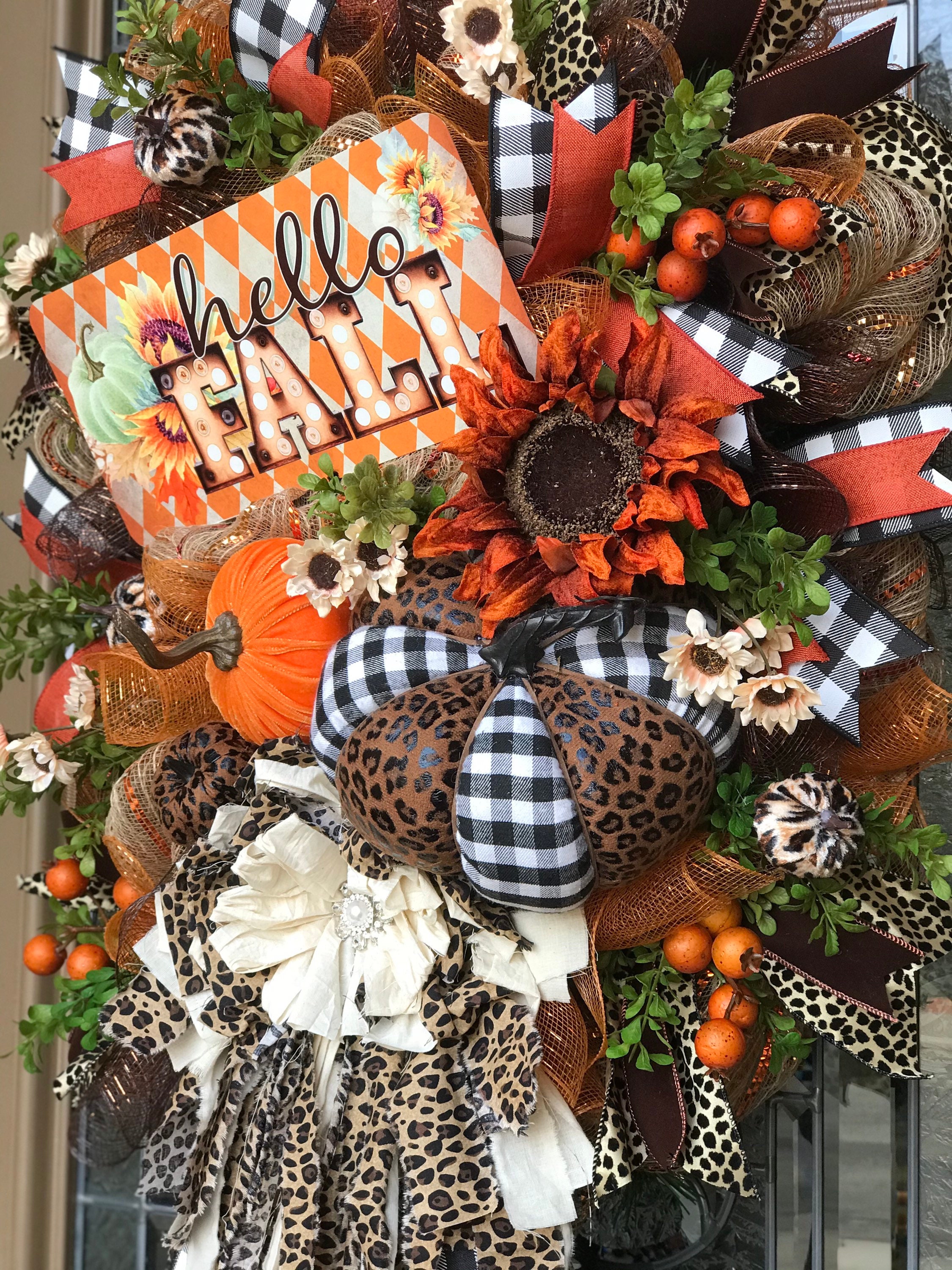 Leopard Print and Buffalo Plaid Pumpkin Fall Swag 