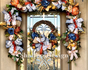 Fall Rustic Wreath and Garland Set, Blue Rust Front Door Decor
