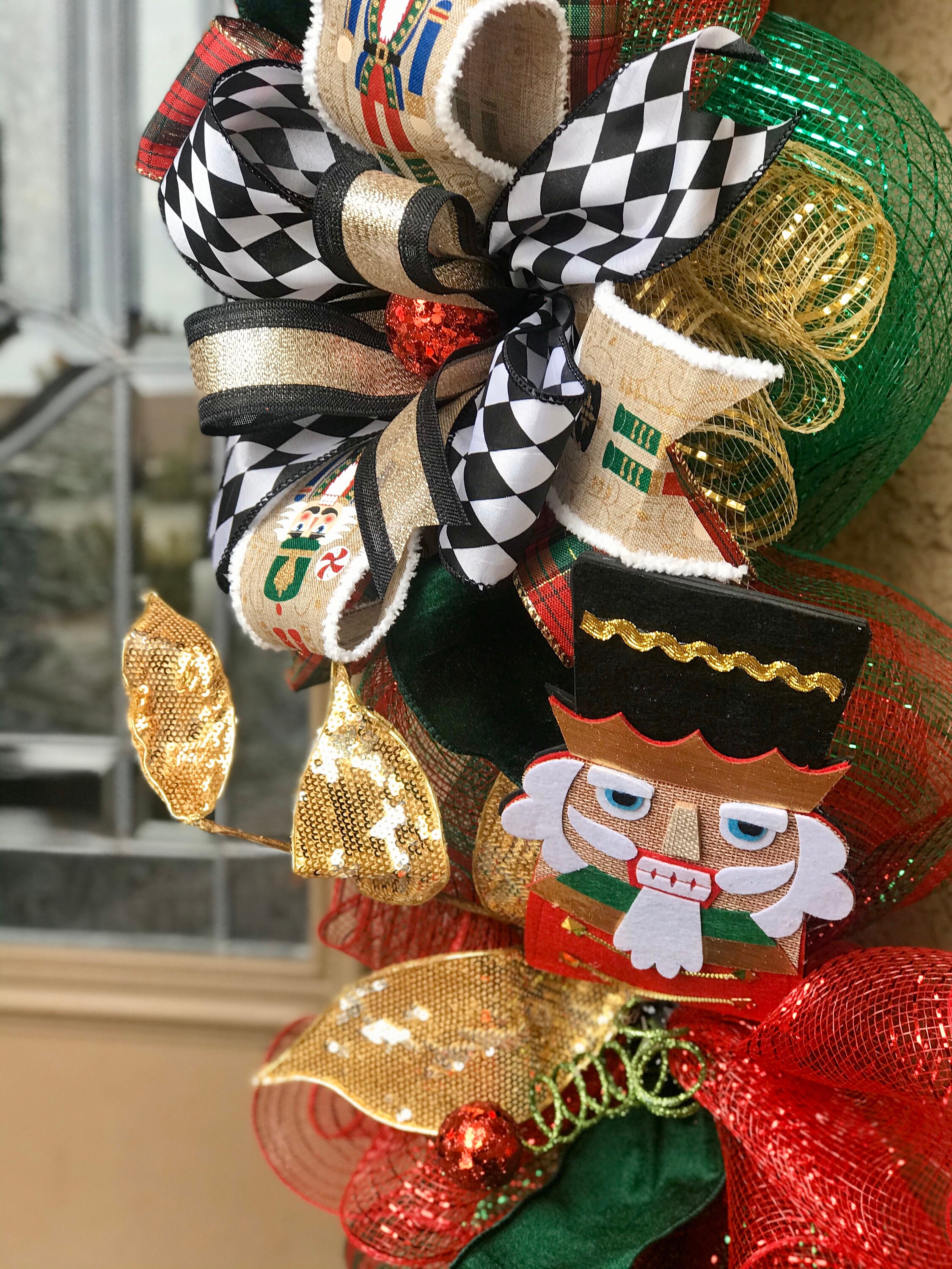 Nutcracker Christmas Garland with Lights, Red and Green Christmas Door