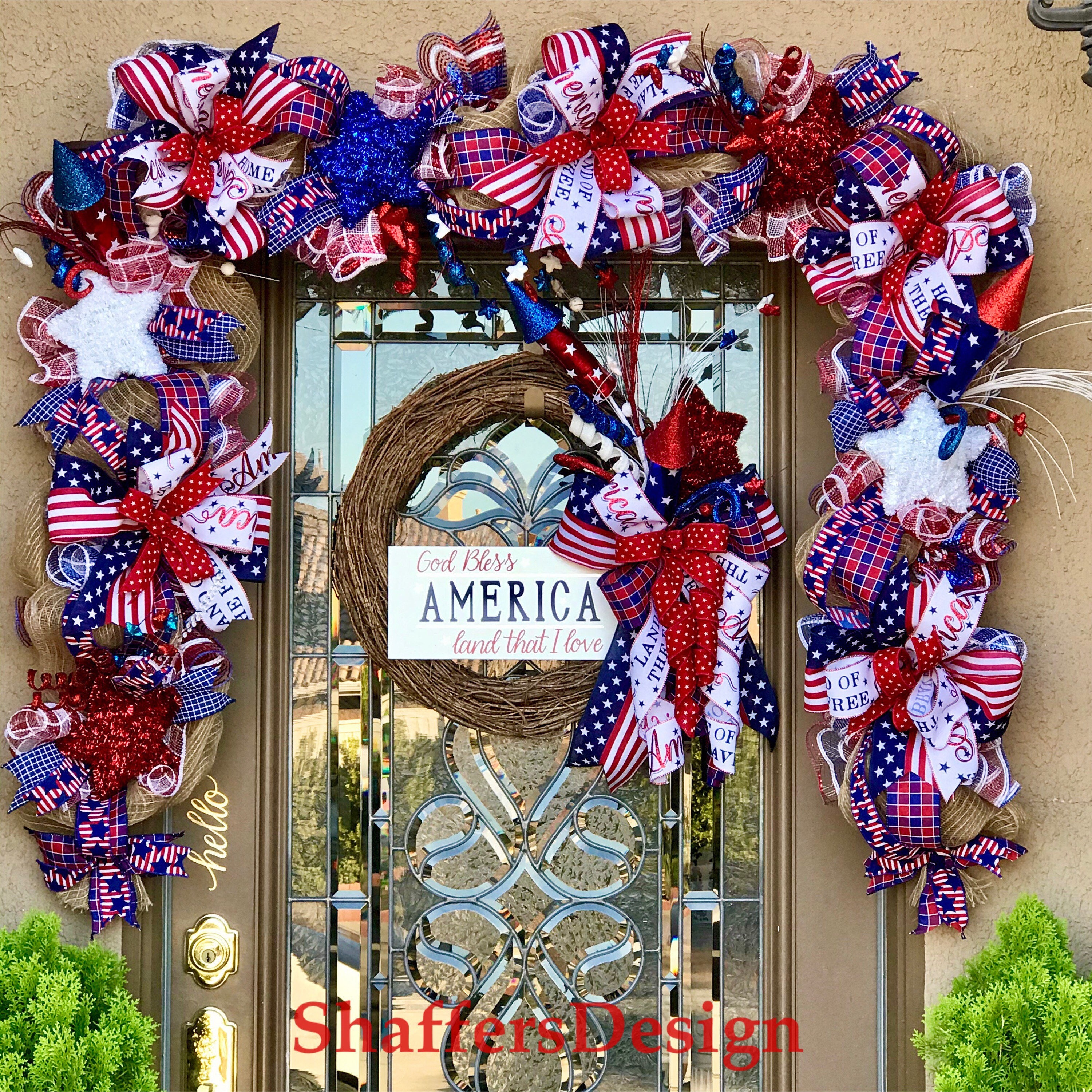 Patriotic Front Door Wreath and Garland Set, 4th of July Wreath Decor, Americana Front Door Swag 