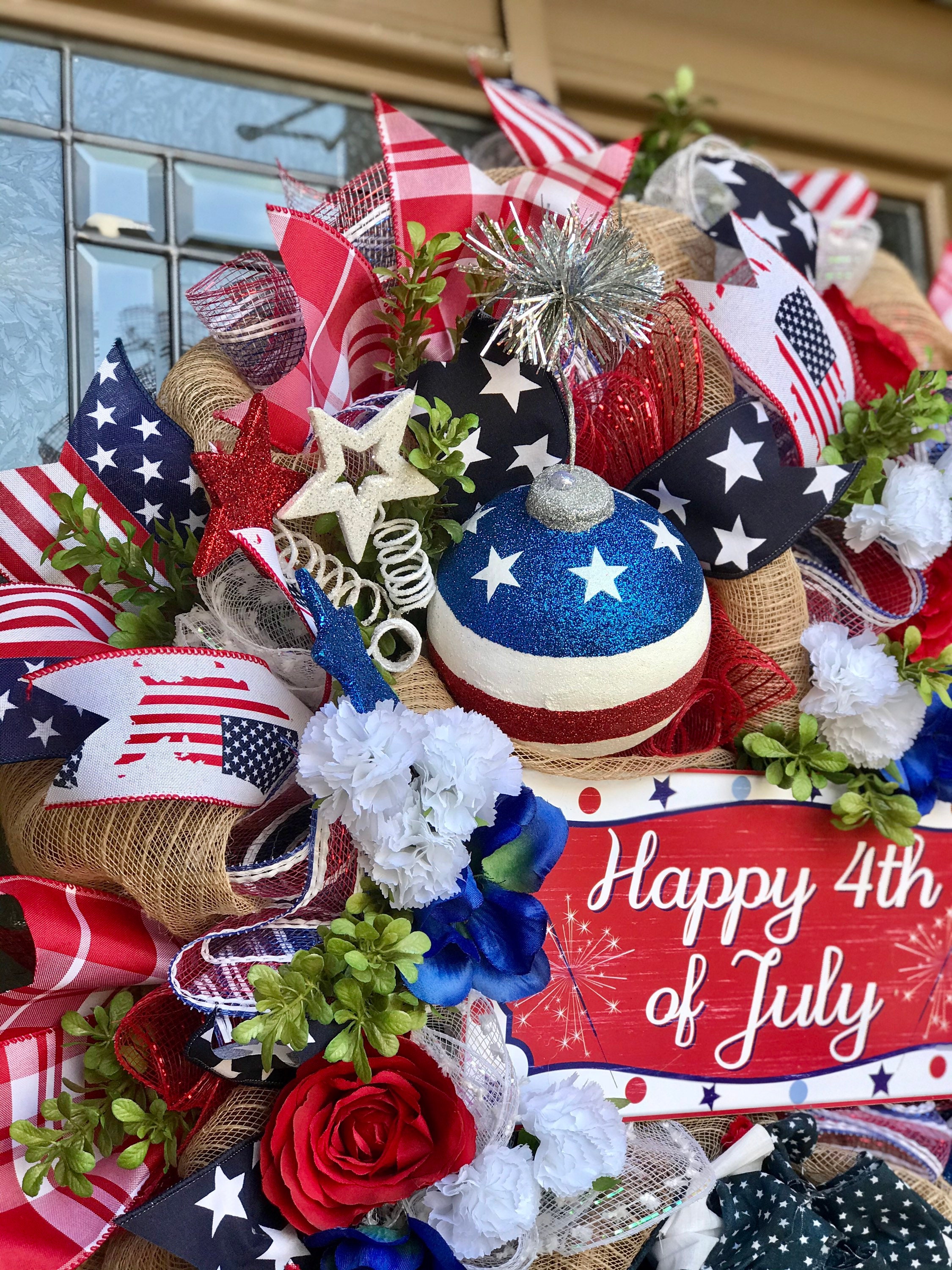 Patriotic Door Wreath, 4th of July Wreath, American Flag Door Decor, Patriotic Rag Bow Wreath 