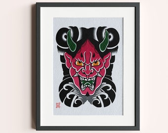A4 Traditional Tattoo Flash - Japanese Hannya Mask Backpiece Art Print