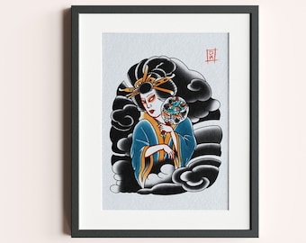 A4 Traditional Tattoo Flash - Japanese Geisha Tattoo Sleeve Art Print