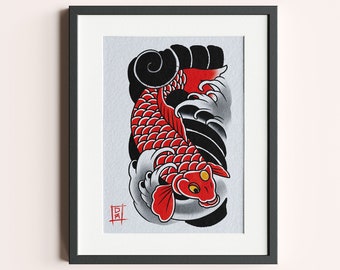 A4 Traditional Tattoo Flash - Japanese Koi & Waves Sleeve Art Print