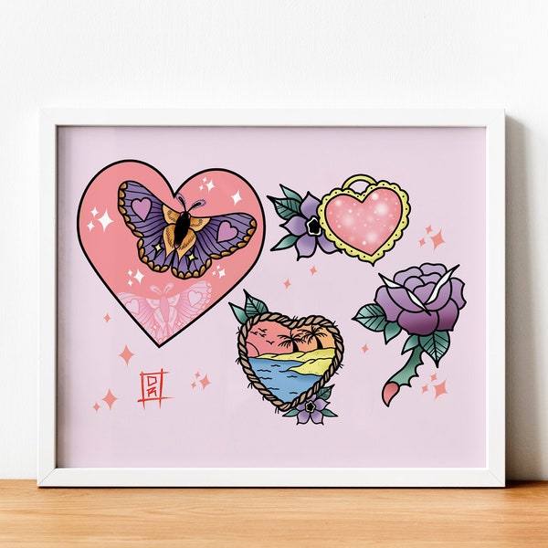 A4 Traditional Tattoo Flash - Pastel Moth, Beach, Rose & Locket