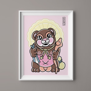 A5 Cute Yokai Monster - Japanese Tanuki Racoon Art Print