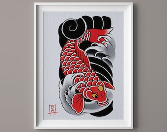 May include: A red and black koi fish tattoo design with waves and a black background. The fish is swimming upwards and has a white eye.