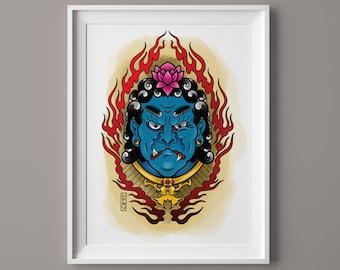 A5 Traditional Tattoo Flash - Japanese Fudo Myoo Tattoo Art Print