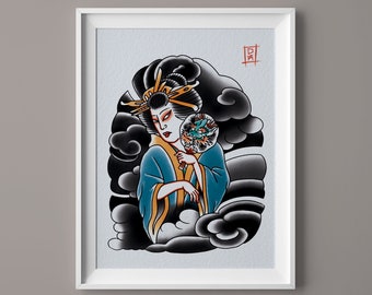 May include: A framed illustration of a geisha holding a fan with a dragon design, set against a backdrop of black clouds. The geisha is depicted in a blue kimono with gold accents, and her face is painted white with red accents.