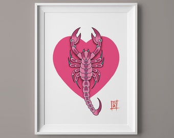 A5 Heart Pastel Scorpion - Traditional Tattoo Art Print