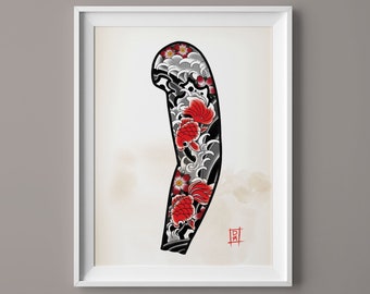 May include: A black and white illustration of a Japanese-style tattoo design featuring red koi fish swimming through stylized waves and cherry blossoms.