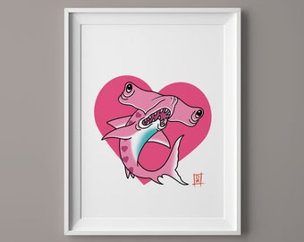 A5 Heart Pastel Hammerhead Shark - Traditional Tattoo Art Print