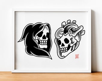 A4 Dotwork Skulls - Traditional Tattoo Art Print