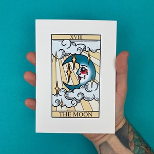 A6 Traditional Tattoo Style Pastel 'XVIII The Moon' Tarot Postcard