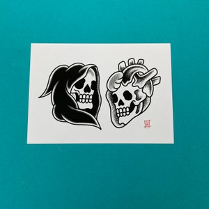 Carte postale A6 Dotwork Skulls - Impression d'art de tatouage traditionnel