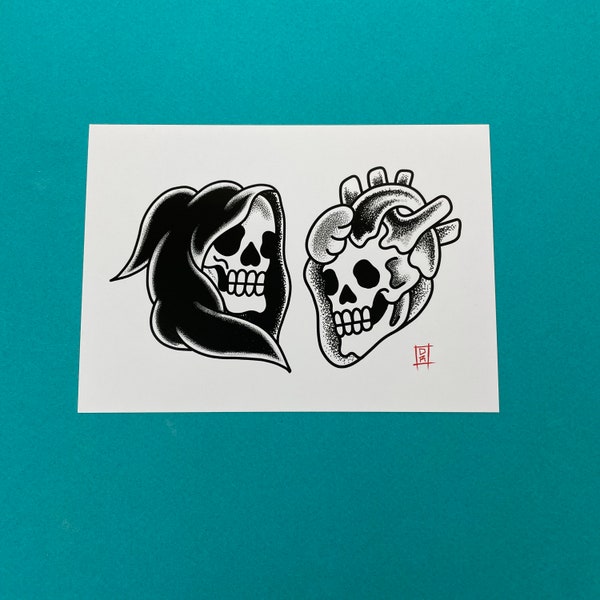 A6 Dotwork Skulls - Carte postale d’impression d’art de tatouage traditionnel